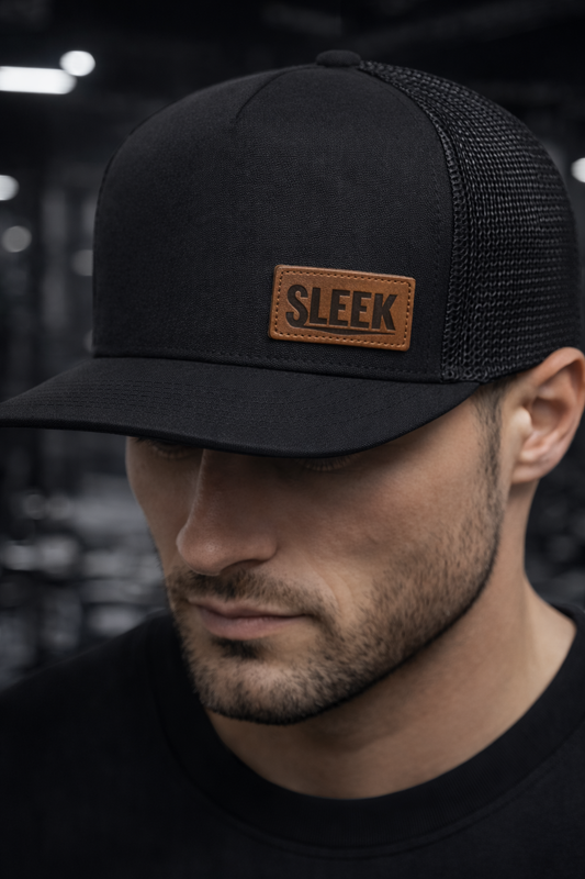 • pre order • SLEEK Trucker Cap — Leather Tag Edition (Flat Brim)